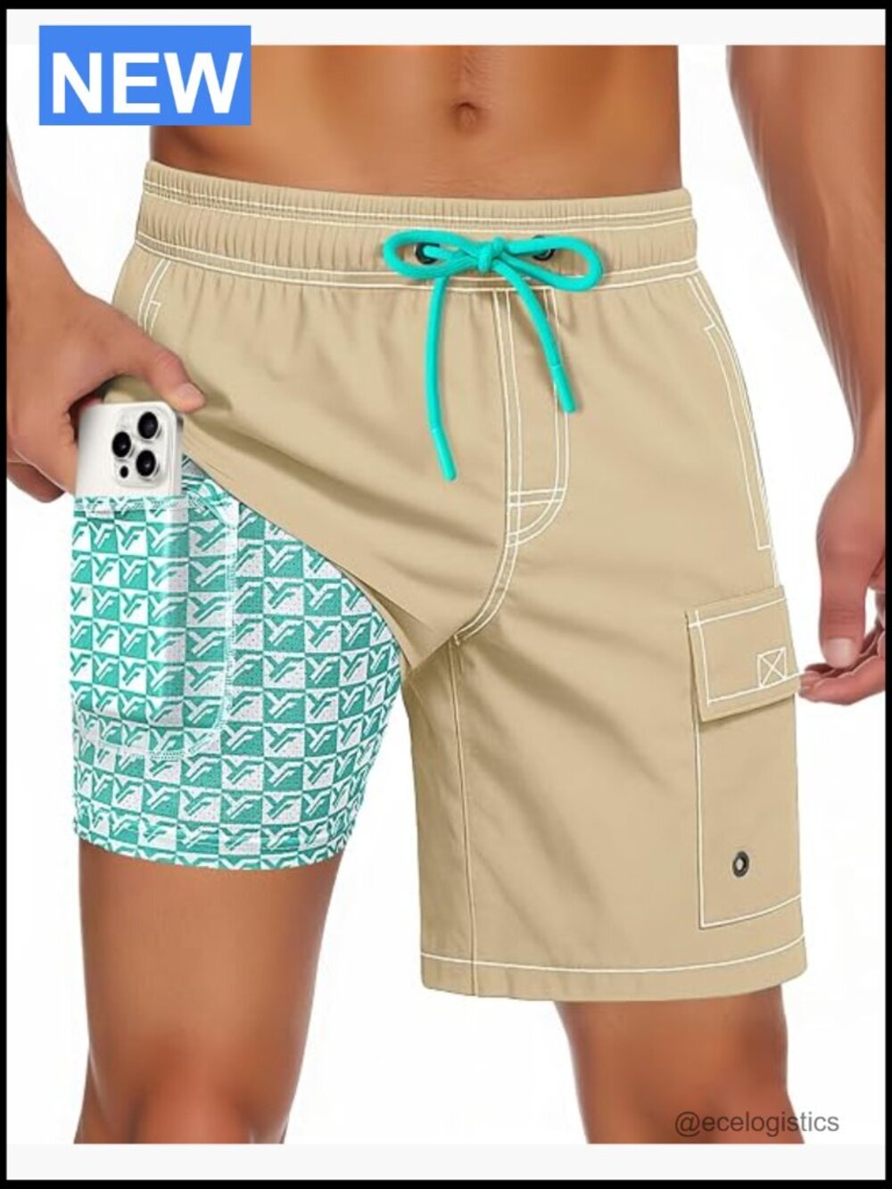 Men Swim Trunks with Compression Liner Quick Dry 7" Inseam Multi Pockets